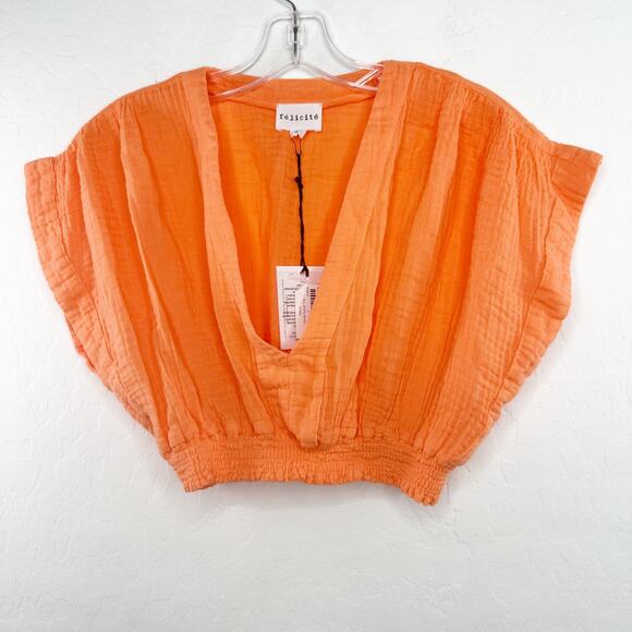 Felicite Vacay Gauze Cotton Smocked Waisted Crop Top Mamey Tangerine Orange Med - Picture 4 of 7
